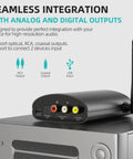 Back view of DS500 Hi-Res Bluetooth 5.3 Receiver with analog and digital outputs, including RCA and coaxial connectors.