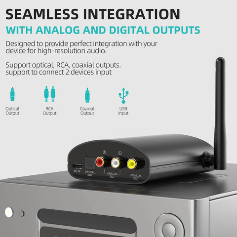 Back view of DS500 Hi-Res Bluetooth 5.3 Receiver with analog and digital outputs, including RCA and coaxial connectors.