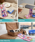 7 Day Pill Organizer With Color Coded Labels Travel Pill Case For Daily Meds Compact Lightweight Storage Fits Purse Or Backpack Pink With 161 Labels Kit shown in home, office, and travel settings.