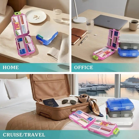 7 Day Pill Organizer With Color Coded Labels Travel Pill Case For Daily Meds Compact Lightweight Storage Fits Purse Or Backpack Pink With 161 Labels Kit shown in home, office, and travel settings.