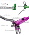 Heavy Duty Hydraulic Disc Brakes For Mountain Bikes With 800mm Front And 1550mm Rear Lines Four Piston Caliper 160mm Rotor Purple Aluminum Alloy close-up of brake lever features.