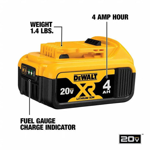 Professional 20V Max Xr Cordless Power Tool Batteries 4 Amp Hour 2 Pack Featuring Led Charge Display With Durable Housing, showing battery features.