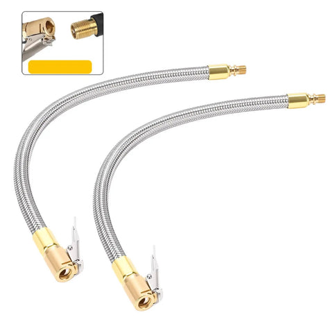 Two Piece Heavy Duty Tire Inflator Hose Adapter With 13 Inch Stainless Steel Extension For Cars And Bikes Reaches Tight Valve Spots Easy With M8 Thread Secures Air Pump Flow Avoids Leaks Helps Maintain Pressure High On The Road Anytime You Drive, braided metal hose