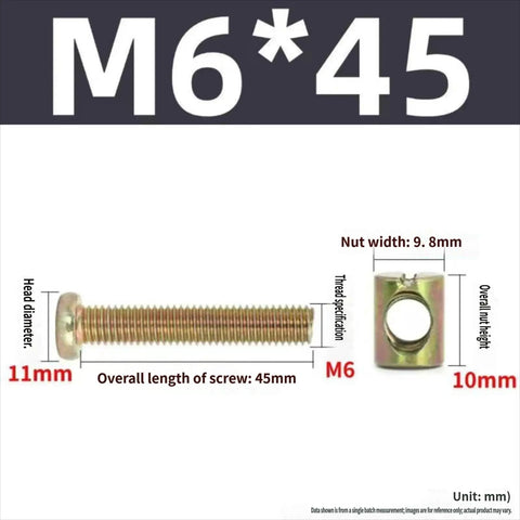 M6 x 45mm bed frame bolt and nut with dimensions for Bed Frame Bolts And Nuts Kit For Wood Furniture, 10 Piece M6 X 45mm Barrel Bolts, Screws And Nuts Set