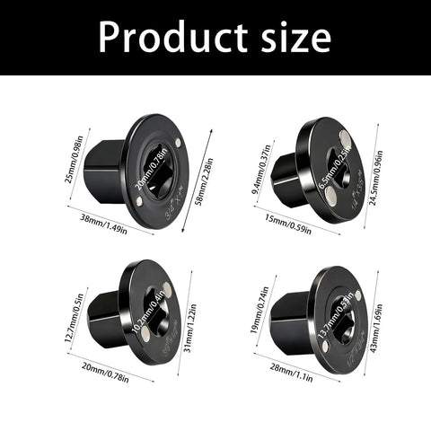 Grab This Epic 4 Pc Low Profile Socket Adapter Set For Serious Ratchet Impact Work With Recced Square Drive And Strong Magnets To Stop Striping And Slippage Totally Solid Stainless Steel Gear Your Mechanic Crew Will Love. four low profile stainless steel socket adapters with size labels
