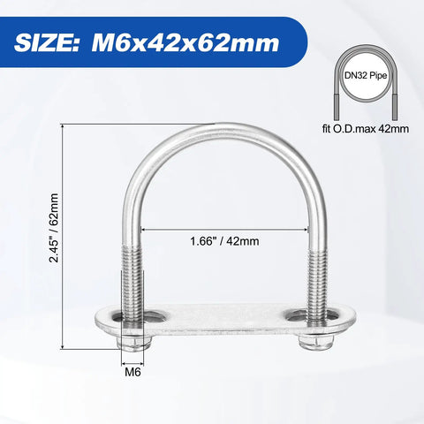 Tough As Nails Round U Bolts 4 Pack 304 Stainless Steel M6 X 42 X 62 Heavy Duty U Clamps with size dimensions shown.