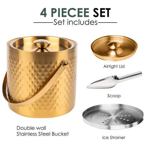 Gold Double Wall Insulated Ice Bucket With Lid And Scoop Keeps Drinks Frosty All Night Long Backyard Bash Essential Heavy Duty Stainless Steel Design Squad Approved with airtight lid and scoop.