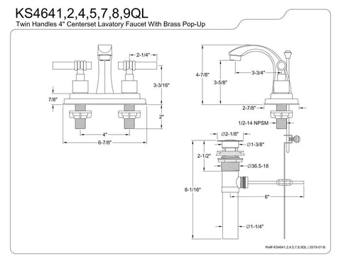 Diagram of Milano 4-Inch Centerset Lavatory Faucet With Metal Lever Handle In Brushed Nickel And Polished Brass Two-Tone Finish, Slick One Quarter Turn Ceramic Cartridge, 1.2 GPM At 60 PSI, California Title 20 Compliant, Includes Brass Pop-Up Drain.