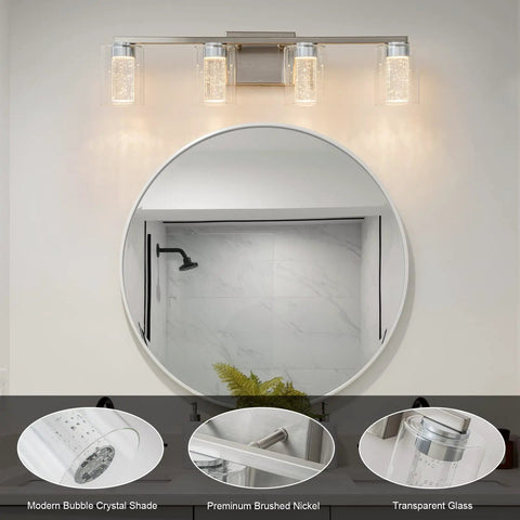 4 Light Brushed Nickel Vanity Light With 3 Color Modes 3000K 4000K 6500K Dimmable LED Bathroom Fixture above round mirror