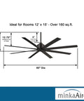 Diagram of Xtreme H2O 65 Inch Outdoor Ceiling Fan with DC Motor in Coal Finish, showing dimensions and features for indoor outdoor use.