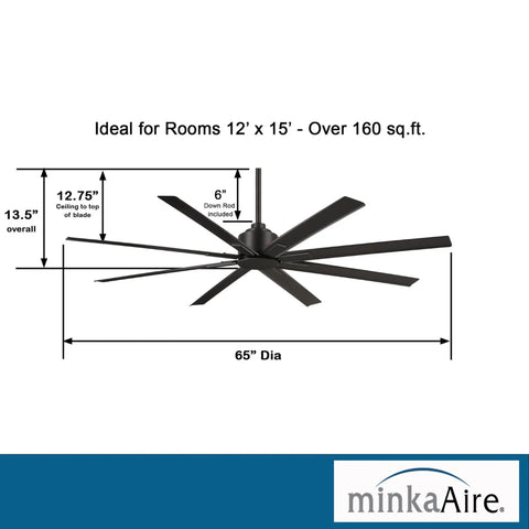 Diagram of Xtreme H2O 65 Inch Outdoor Ceiling Fan with DC Motor in Coal Finish, showing dimensions and features for indoor outdoor use.