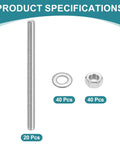 20 Pack M4 X 60mm Fully Threaded Stainless Steel Stud Rod Kit Including Nuts And Flat Washers Completely Rust Proof showing rod, nut, and washer.