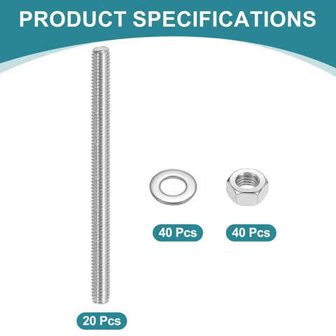 20 Pack M4 X 60mm Fully Threaded Stainless Steel Stud Rod Kit Including Nuts And Flat Washers Completely Rust Proof showing rod, nut, and washer.