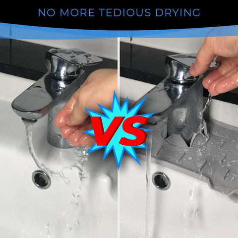 Comparison of water splash with and without 2 Pack Silicone Faucet Handle Drip Catcher Tray Mat For Kitchen And Bathroom Sinks