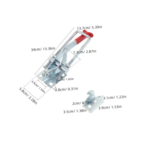 Heavy Duty Toggle Latch Clamp With 2183lbs Holding Power And Quick Release Pull Hasp For Freezer Doors Gun Vests And Toolboxes Made From Strong Galvanized Iron dimensions with measurements displayed.