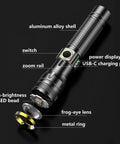 Rechargeable LED Flashlight With Digital Power Display And Zoomable Beam, USB C Charging, exploded view showing components.