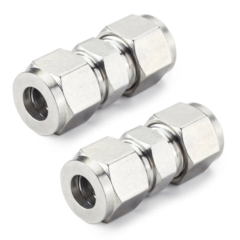 304 Stainless Steel Compression Tube Fitting Union With Double Ferrule For 10mm Tube OD To 10mm Tube OD, set of 2, side view