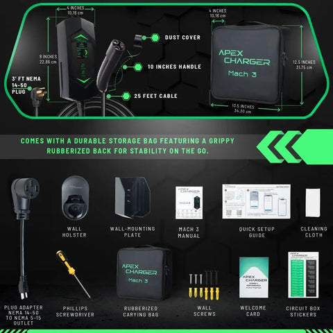 Portable Level 1 And 2 Ev Charger 40 Amp With Nacs Connector For Tesla, carrying case and accessories visual layout.