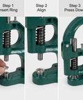 Heavy Duty Hand Press Eyelet Grommet Kit With Three Die Sizes 0 2 4 And 1500 Silver Grommets, easy lever operation steps.