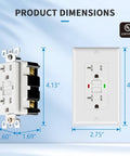 Product dimensions for 100 Pack GfcI Outlets 20 Amp Self Test Gfi Receptacles with Wall Plates, showcasing sizes of outlets and faceplates.