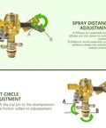 Rock Built Heavy Duty Brass Impact Sprinkler Head With Smooth 0 To 360 Degree Coverage Pattern For Big Time Patio Lawn Irrigation And Zero Drama Hose Hookup All Season adjustment instructions visual.
