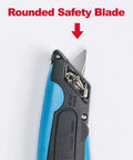 Easycut Cutter Knife With Self Retracting Safety Tipped Blade And Adjustable Length Dial Retractable Edge Guides For Box Tops Built In Blade Storage Includes Three Replacement Blades Black Blue with rounded safety blade