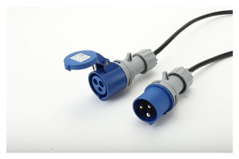 Hella Solid Heavy Duty Industrial Grade 220 Volt 3 Pin European Extension Cord And Socket Set With Flame Retardant Jacket IP44 Weatherproof showing blue connectors.
