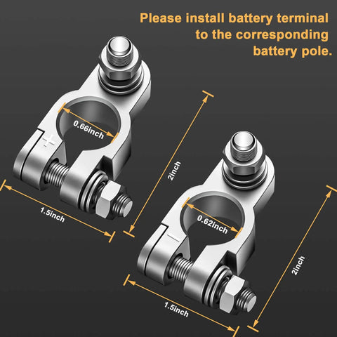 Knockout Battery Terminal Connector Kit With 2 Gauge Copper Lugs And Heat Shrink Sleeves Plus Anti Corrosion Washers for cars and trucks, showing two lugs with dimensions.