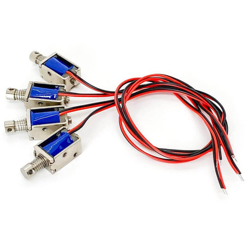 Tiny 12V Micro Push Pull Solenoid Electromagnet set with 4mm stroke, 5.5W power, metal build, red and black wires for DIY projects.