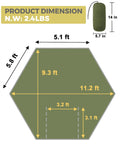 Ultralight Camping Hammock With Mosquito Net And Rain Fly dimensions chart, 5.1 ft by 5.8 ft, 2.4 lbs packed size