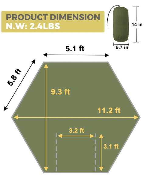 Ultralight Camping Hammock With Mosquito Net And Rain Fly dimensions chart, 5.1 ft by 5.8 ft, 2.4 lbs packed size