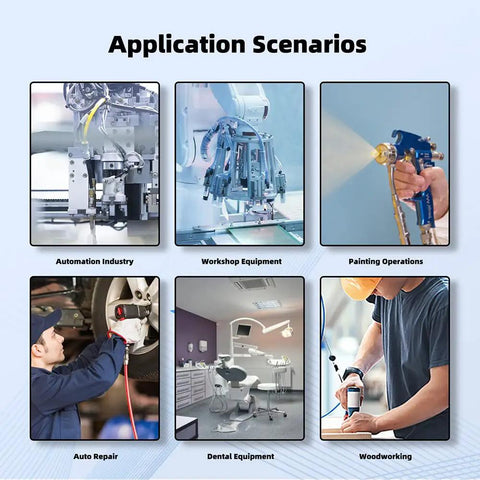 Application scenarios for Blue PU Air Line Tubing Kit, including automation, painting, auto repair, dental equipment, woodworking