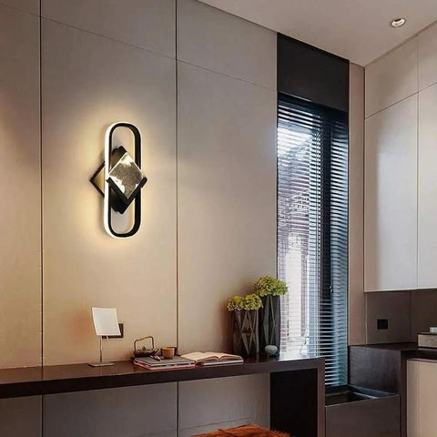 Modern Led Acrylic Indoor Wall Sconce With Dimmable Remote Control And Warm Adjustable Glow Solid Pick For Bedroom Living Room And Office Space mounted above a desk.