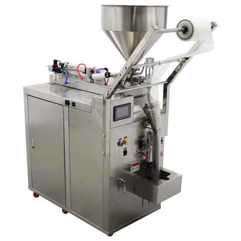 Pro Automatic Liquid Filler And Sealer, stainless steel machine with hopper for dosing sauces and pastes.