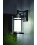Outdoor Black LED Wall Light For 4 Inch Electrical Box Weather Resistant Medium Sconce With 387 Lumen Output attached to wall