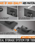 64 Inch Adjustable Wall Mount Tool Organizer Rack installation steps with screws and ABS material highlights.