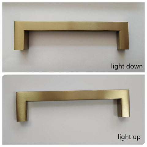 Front view of Champagne Bronze Cabinet Pulls 10 Pack 5 Inch Square Cabinet Handles for kitchen or bathroom drawers, showing light variations.