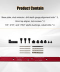 Precision Exhaust Manifold Drill Template Compatible With Chevy LS 4.8L 5.3L 6.0L V8 Engines, red aluminum base plate with drill bits and accessories.