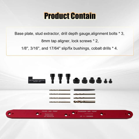 Precision Exhaust Manifold Drill Template Compatible With Chevy LS 4.8L 5.3L 6.0L V8 Engines, red aluminum base plate with drill bits and accessories.