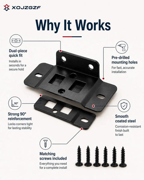 Beefy Heavy Duty Stainless Steel Corner Brackets With Screws showing dual-piece design and pre-drilled holes for L shape joints