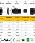 10 Pack 1/4 Inch IP68 Nylon Cord Grip Strain Relief Cable Gland Set Heavy Duty Adjustable NPT Fittings components diagram