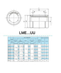 Heavy Duty LME Linear Bearings Machined From Precision Ground Chrome Steel for CNC and 3D printer dimensions and specs.