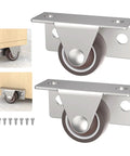 Heavy Duty One Inch Low Profile Side Mount Caster Wheels With Solid Rubber Fixed Rollers For Wooden Furniture Cabinets And Drawers showing silver steel mount with rubber wheel.