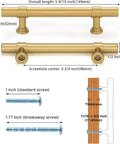 Detailed measurement image of 15 Pack Three And Three Quarters Inch Hole Center Gold Cabinet Handles Brushed Brass Drawer Pulls For Kitchen Cabinets And Dressers Barrel Style Hardware That Looks Dope And Built To Last, showing overall length, screw sizes, and installation depth.