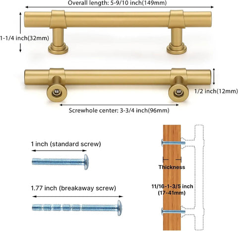 Detailed measurement image of 15 Pack Three And Three Quarters Inch Hole Center Gold Cabinet Handles Brushed Brass Drawer Pulls For Kitchen Cabinets And Dressers Barrel Style Hardware That Looks Dope And Built To Last, showing overall length, screw sizes, and installation depth.