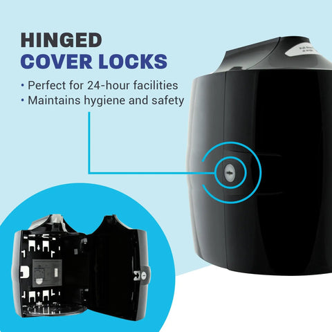 Wall Mounted Gym Wipe Dispenser With No-Touch Sanitizing Wipes, showcasing black hinged cover locks for safety