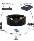 SMA Extension Cable 32.8ft 10m SMA Male To SMA Female RG58 50 Ohm shown with radios, modem, drone, signal booster, satellite.