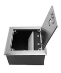 Heavy Duty Pop Up Floor Power Outlet Featuring Double Three Prong Sockets And Brushed Silver Stainless Steel Housing viewed from above with lid open.
