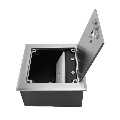 Heavy Duty Pop Up Floor Power Outlet Featuring Double Three Prong Sockets And Brushed Silver Stainless Steel Housing viewed from above with lid open.