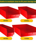 20 red polypropylene bins in various sizes for Heavy Duty 18 By 36 By 74 Inch Metal Wire Utility Rack for garage organization.